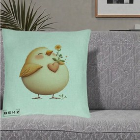 Perna Decorativa Pui cu Inima si Floarea-Soarelui, 40x40 cm, Verde Menta, Husa Detasabila, Perna Inclusa, BEKZ®