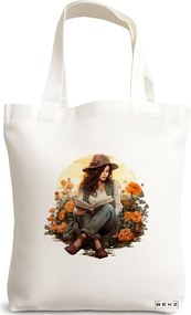 Sacosa de Panza pentru Cumparaturi, Geanta Tote, model The bookie girl 17 38 x 34.5 cm, Alba, BEKZ®