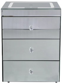 Noptieră inteligentă multifuncțională, din sticla tip oglindă, 3 sertare, LED-uri tactile, 3 tipuri de culoare, încărcare fără fir si USB, Difuzor Bluetooth, sticla securizata, 40x40x60 cm