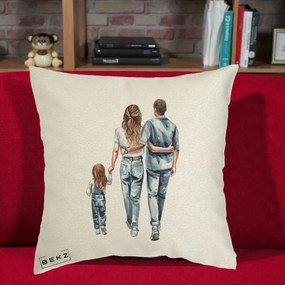 Cadou pentru Familie - Perna Personalizata Familie Acuarela Jeans, 40x40 cm, Ecru, Husa Detasabila, Perna Inclusa, BEKZ®