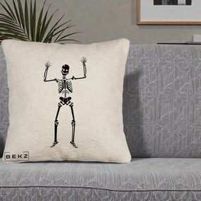 Perna Decorativa Halloween Schelet Dansator, 40x40 cm, Bej Canapea, Husa Detasabila, Perna Inclusa, BEKZ®