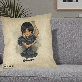 Perna Personalizata Wednesday Addams Dancing Queen, 40x40 cm, Crem, Husa Detasabila, Perna Inclusa, BEKZ®