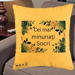 Cadou pentru Socri - Perna Personalizata Cei mai Minunati Socri cu Flori Albastre si Roz, 40x40 cm, Galben, Husa Detasabila, Perna Inclusa, BEKZ®