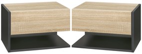 HOMCOM Set de 2 Noptiere suspendate - Set de 2 Noptiere - sertar Culisant, etajera, Bicolore Aspect stejar Negru | Aosom Romania