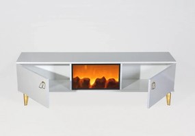 RESIGILAT- Comoda TV cu șemineu electric, Alb/Auriu, 160x35x47 cm