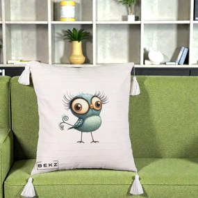 Perna Decorativa Pasare Teal cu Gene si Coada Spiralata, 40x40 cm, Bej cu Franjuri, Husa Detasabila, Perna Inclusa, BEKZ®
