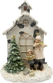 Decor Craciun cu LED ,   Casuta cu brad si colindatori in haine crem JOY,16x21cm