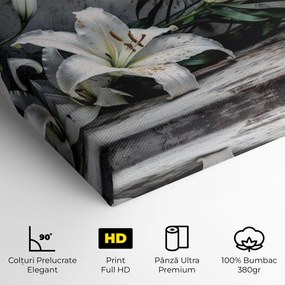 Tablou Canvas, 80x160cm, Dormitor si Living, Flori, Crini, White Pretty Lily On Grey