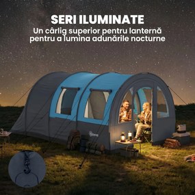 Outsunny Cort de Camping Impermeabil, Cort cu 5 Locuri, Zonă Separată de Dormit și Living, 480x260x200 cm, Gri și Albastru | Aosom Romania