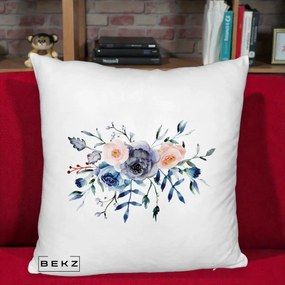 Perna Decorativa Buchet Flori Albastre Acuarela, 40x40 cm, Alb Pufos, Husa Detasabila, Perna Inclusa, BEKZ®