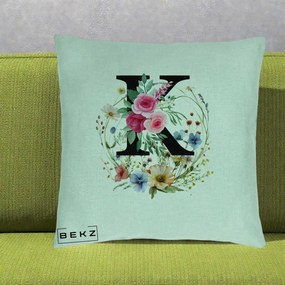 Cadou Personalizat - Perna Personalizata Monogram Litera K cu Flori Acuarela, 40x40 cm, Verde Menta, Husa Detasabila, Perna Inclusa, BEKZ®