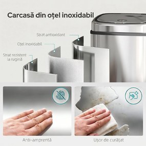 HOMCOM Coș de gunoi cu senzor infraroșu 50L, 2 moduri de deschidere, oțel inoxidabil, argintiu | Aosom Romania