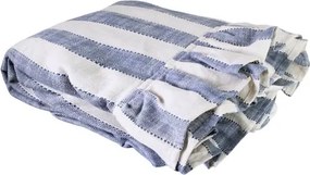 Față de masă din bumbac organic, albastru și alb, model în dungi cu volănaș decorativ, 150 × 250 cm, „Ida Stripe"