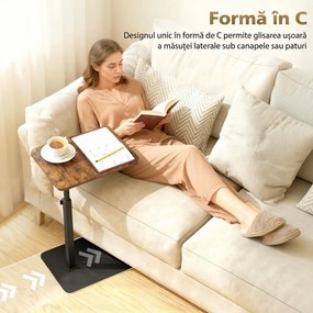 HOMCOM Măsuță laterală în formă de C, reglabilă pe înălțime, pentru canapea și pat, metal, maro rustic | Aosom Romania