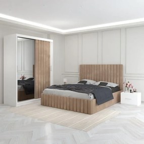 Set Mobila De Dormitor Luca Crem, pat tapitat 160x200cm,  dulap cu oglinda 150x210cm, noptiere
