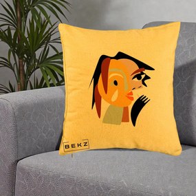 Perna Decorativa Portret Abstract Galben-Ocru, 40x40 cm, Galben, Husa Detasabila, Perna Inclusa, BEKZ®