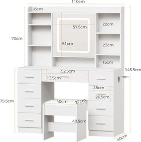 Masuta machiaj cu Oglinda LED si 9 Sertare pentru Cosmetice, Set Masa toaleta 110 cm, Alb, masuta cosmetica, vanity - SEA824