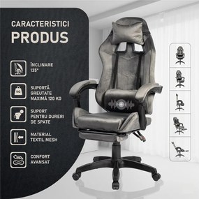 Scaun gaming, masaj în perna lombară, suport picioare, textil, Gri