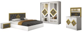 Dormitor Deluxe, culoare alb / gri, cu pat tapitat 160 x 200, dulap 200 cm, comoda si 2 noptiere