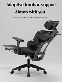 Scaun ergonomic, Sezut Translatie, Cotiere 6D, Tetiera 6D, Suport Lombar Adaptiv, Spătar reglabil inaltime, pivotant, suport picioare, sezut buretat, Negru