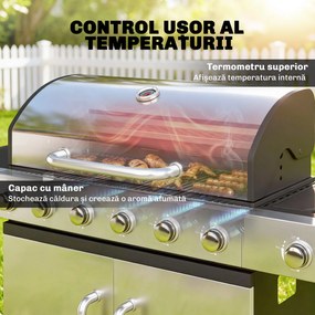 Outsunny Grătar pe Gaz, 6 Arzătoare, Arzător Lateral, Grilaj din Fontă, Dulap Inclus | Aosom Romania