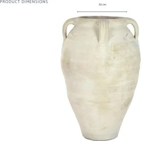 Vas decorativ amforă din teracotă artizanală, finisaj craft alb-crem, cu 4 anse, 57×57×93 cm, „Jerba"