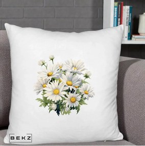 Perna Decorativa Buchet Margarete Albe Acuarela, 40x40 cm, Alb Pufos, Husa Detasabila, Perna Inclusa, BEKZ®