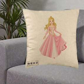 Perna Decorativa Printesa Aurora Rochie Roz, 40x40 cm, Bej, Husa Detasabila, Perna Inclusa, BEKZ®