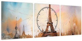 Tablou - Pictură a Turnului Eiffel (cu ceas) (90x30 cm)