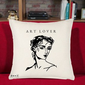 Perna Decorativa Art Lover Portret Grafic, 40x40 cm, Crem Reliefat, Husa Detasabila, Perna Inclusa, BEKZ®