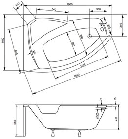 Cada baie asimetrica cu sezut, acril, 160 x 100 cm, orientare stanga, Besco Rima 1600x1000 mm, Stanga