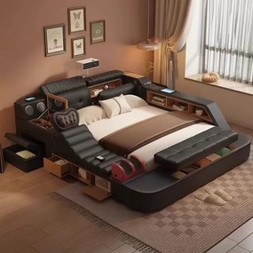 MOBLUX77 Premium 180x200 cm Black Right Chaise – Pat Inteligent Premium cu Proiector, Vibromasaj, Boxe Bluetooth, Încărcare Wireless și Spații Multiple de Depozitare