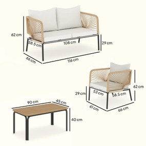Outsunny Set mobilier de grădină, grup de șezut pentru 4 persoane, lounge cu sofă 2 locuri, 2 fotolii, masă cu lamele, împletitură tip sfoară, perne lavabile | Aosom Romania