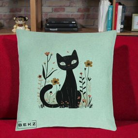 Perna Decorativa Pisica Neagra Flori Pastel Folk, 40x40 cm, Verde Menta, Husa Detasabila, Perna Inclusa, BEKZ®