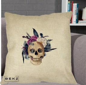 Perna Decorativa Craniu Floral cu Trandafiri si Ciuperci, 40x40 cm, Crem, Husa Detasabila, Perna Inclusa, BEKZ®