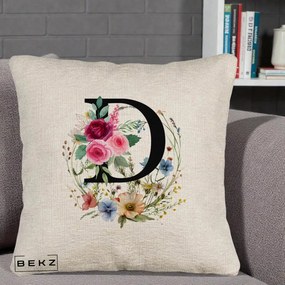 Cadou Personalizat - Perna Personalizata Monogram Litera D cu Flori Acuarela, 40x40 cm, Bej Canapea, Husa Detasabila, Perna Inclusa, BEKZ®