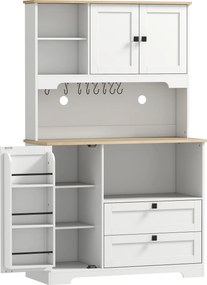 HOMCOM Bufet de Bucătărie Înalt 162 cm, Mobilier de Depozitare cu 2 Dulapuri, 2 Sertare, Suport Condimente, Orificii pentru Cabluri, Rafturi Reglabile, Blat pentru Cuptor cu Microunde, Suporturi pentru Cești, Alb | Aosom Romania