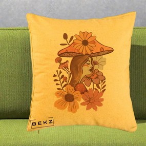 Perna Decorativa Fata Ciuperca Florala Boho, 40x40 cm, Galben, Husa Detasabila, Perna Inclusa, BEKZ®