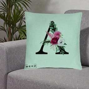 Cadou Personalizat - Perna Personalizata Monograma Florala Litera A, 40x40 cm, Verde Menta, Husa Detasabila, Perna Inclusa, BEKZ®