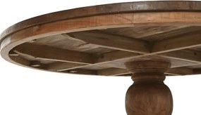 Masă dining rotundă din lemn de tec reciclat, natur, 6–8 locuri, cu picior central pe trei volute, 78 x 160 cm, „Komodo”