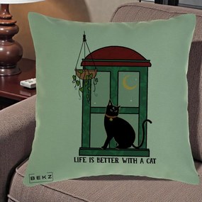 Perna Personalizata Life is Better with a Cat Geam, 40x40 cm, Verde, Husa Detasabila, Perna Inclusa, BEKZ®