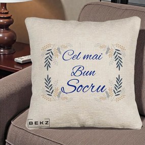 Cadou pentru Socru - Perna Personalizata Cel mai Bun Socru cu Ramuri Frunze Albastre si Aurii, 40x40 cm, Bej Canapea, Husa Detasabila, Perna Inclusa, BEKZ®