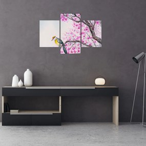 Tablou - Pasăre pe un copac cu flori roz (90x60 cm)