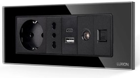 Priza Schuko + Ingusta + Dubla USB + TV + Internet cu Rama Din Sticla LUXION, Standard Italian, 6M
