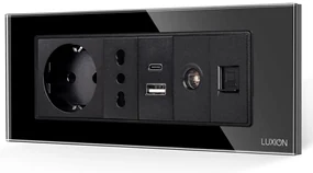 Priza Schuko + Ingusta + Dubla USB + TV + Internet cu Rama Din Sticla LUXION, Standard Italian, 6M