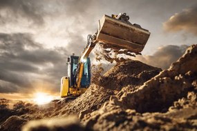 Ilustrație Excavator scooping dirt in front of a dramatic sky, photoschmidt