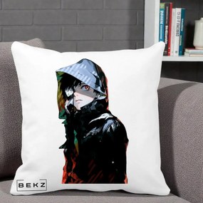 Perna Personalizata Tokyo Ghoul Ken Kaneki cu Masca si Gluga, 40x40 cm, Alba Mata, Husa Detasabila, Perna Inclusa, BEKZ®