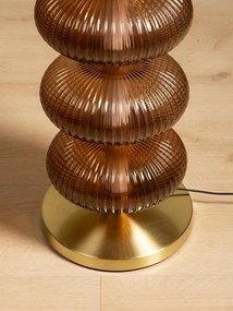 Lampă de masă din sticlă,maro, cu structură din alamă antichizata, formă sferică, finisaj vintage, 80x29 cm, „Auralis"