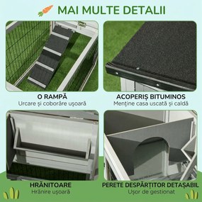 PawHut Cuib Exterior din Lemn de Brad cu Rampă, Acoperiș Rabatabil Impermeabil, Sertar Detașabil, Cuib pentru Iepuri, Animale Mici, Gri Deschis | Aosom Romania