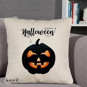 Perna Decorativa Happy Halloween Dovleac Negru cu Paianjen, 40x40 cm, Bej Canapea, Husa Detasabila, Perna Inclusa, BEKZ®